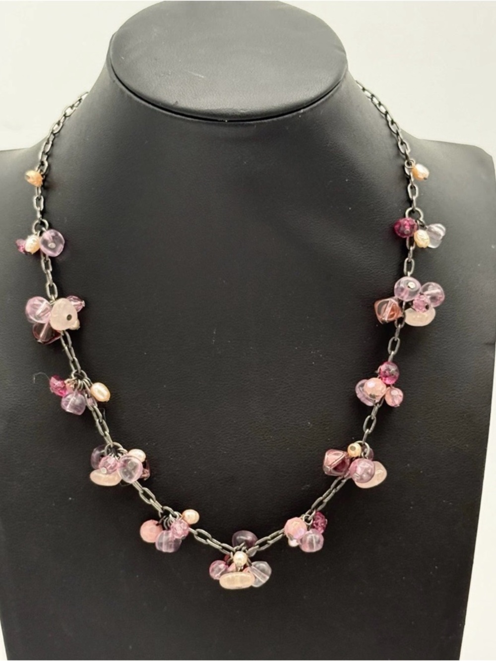 Premier Designs Christie Necklace Pink Bead Silver Tone Gunmetal Retired Rare PD